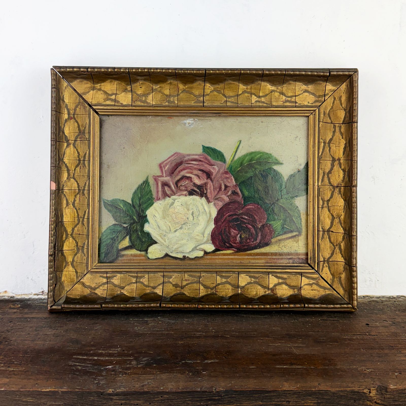 Antique Framed Painting, Original Floral Oil On Panel