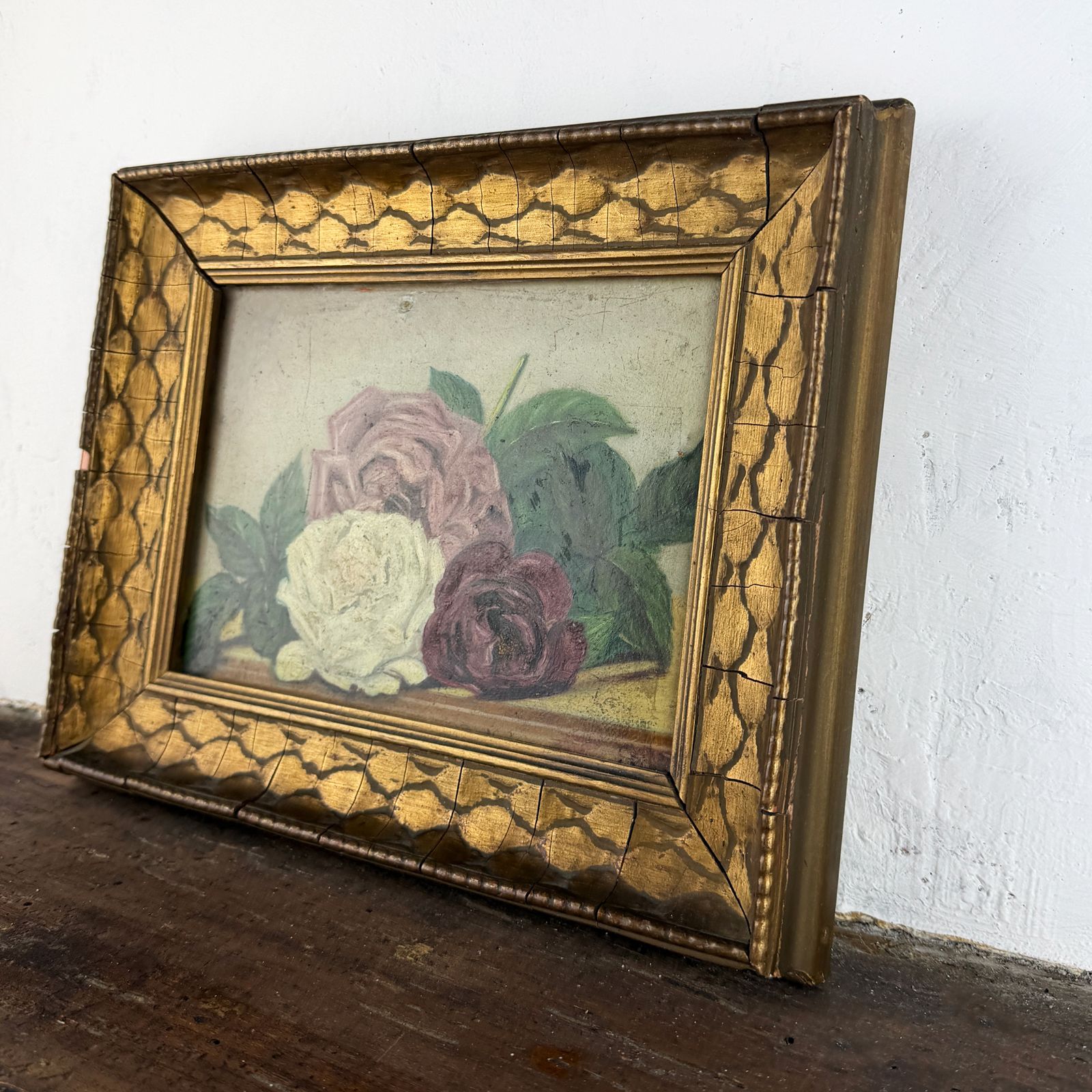 Antique Framed Painting, Original Floral Oil On Panel photo Art