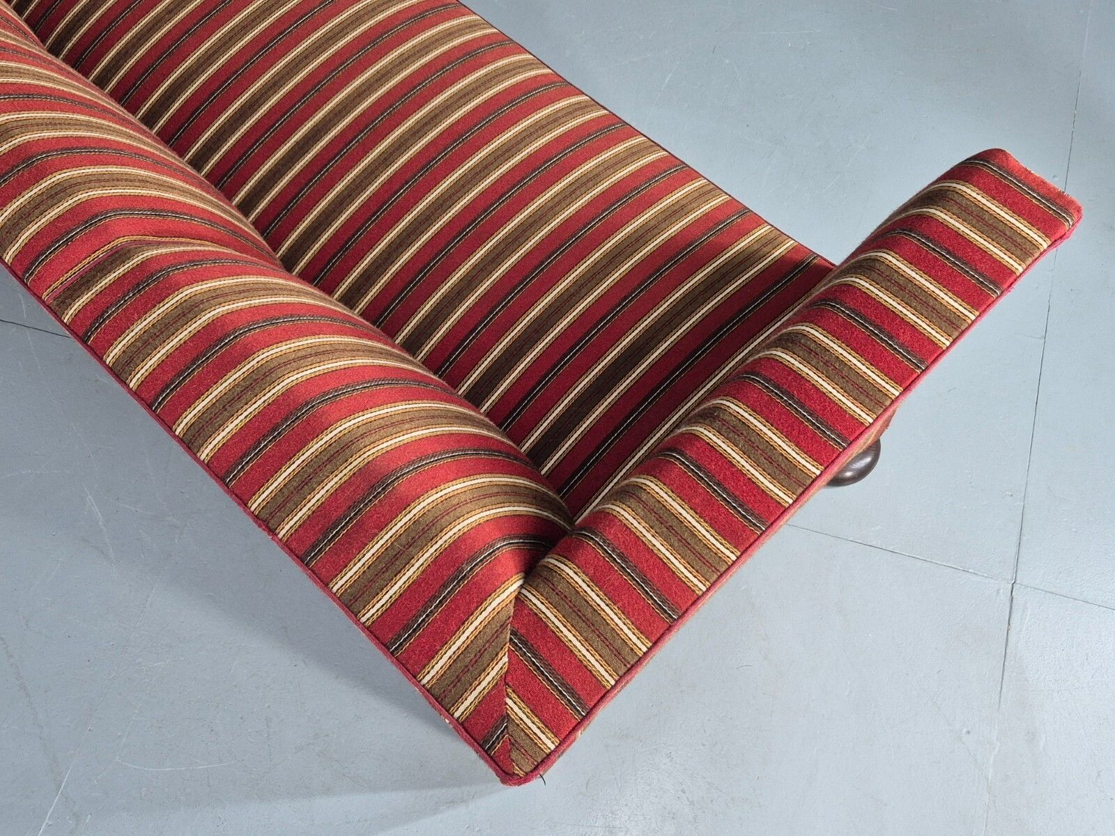 600.0 Vintage Art Deco Danish 3 Seater Sofa Red Wool Stripe Upholstery photo