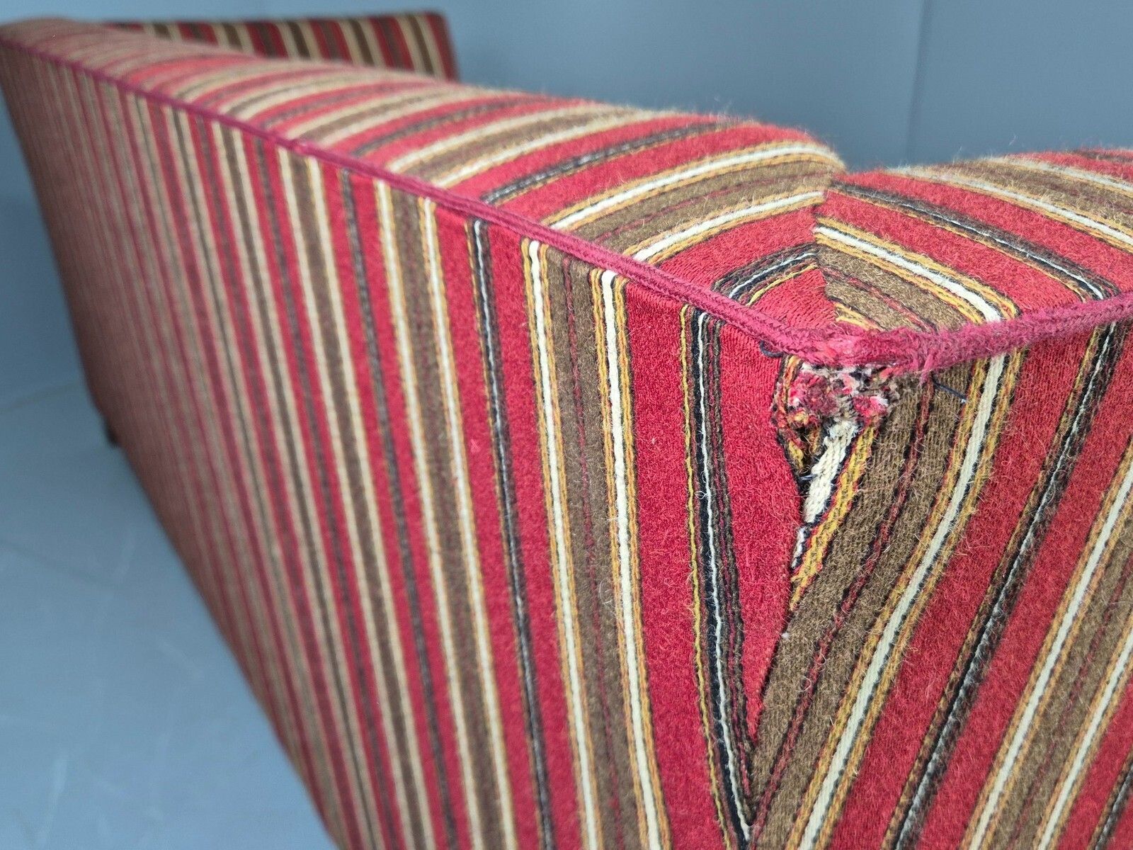 photo buy Vintage Art Deco Danish 3 Seater Sofa Red Wool Stripe Upholstery