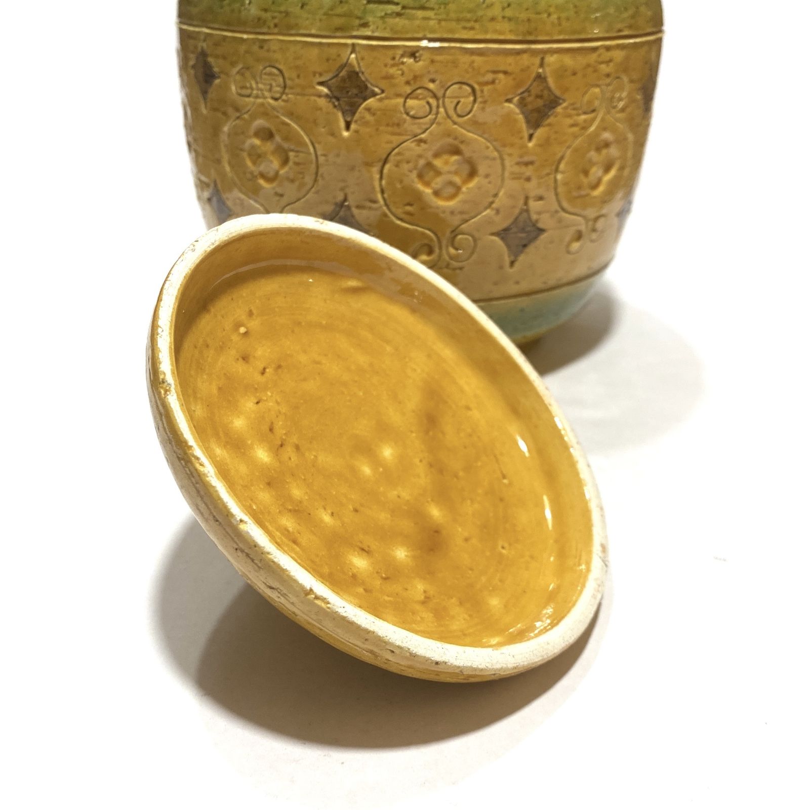 photo for sale Bitossi Arabesque grote pot met deksel van Aldo Londi, Italiaans aardewerk jaren 1960