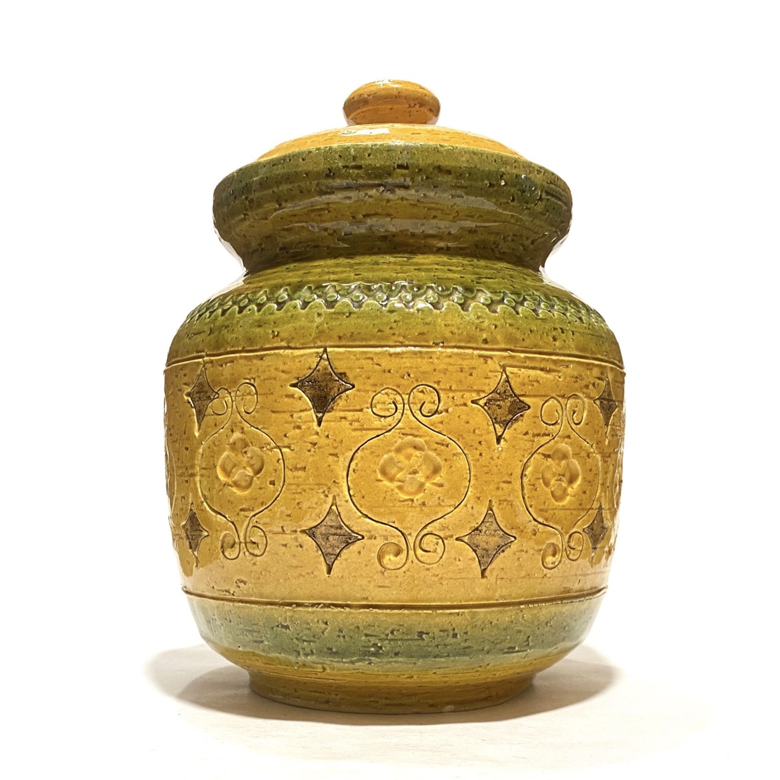 Bitossi Arabesque grote pot met deksel van Aldo Londi, Italiaans aardewerk jaren 1960