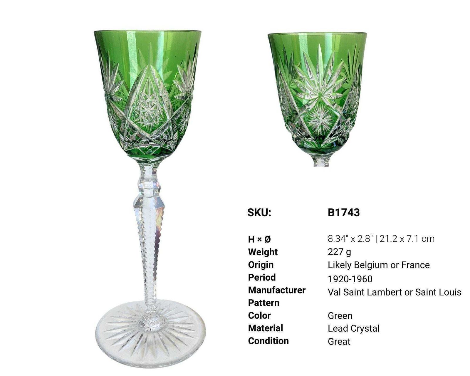 Val Saint Lambert & Saint Louis | (3)green Crystal Glasses. photo for sale