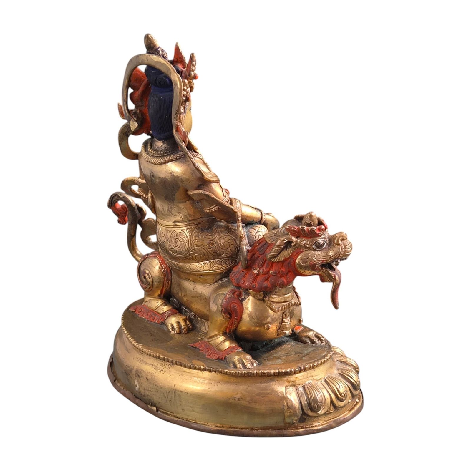 Groot Sino-Tibetaans verguld bronzen Jambhala op een beschilderde leeuw, ca. 1900-1950 photo buy