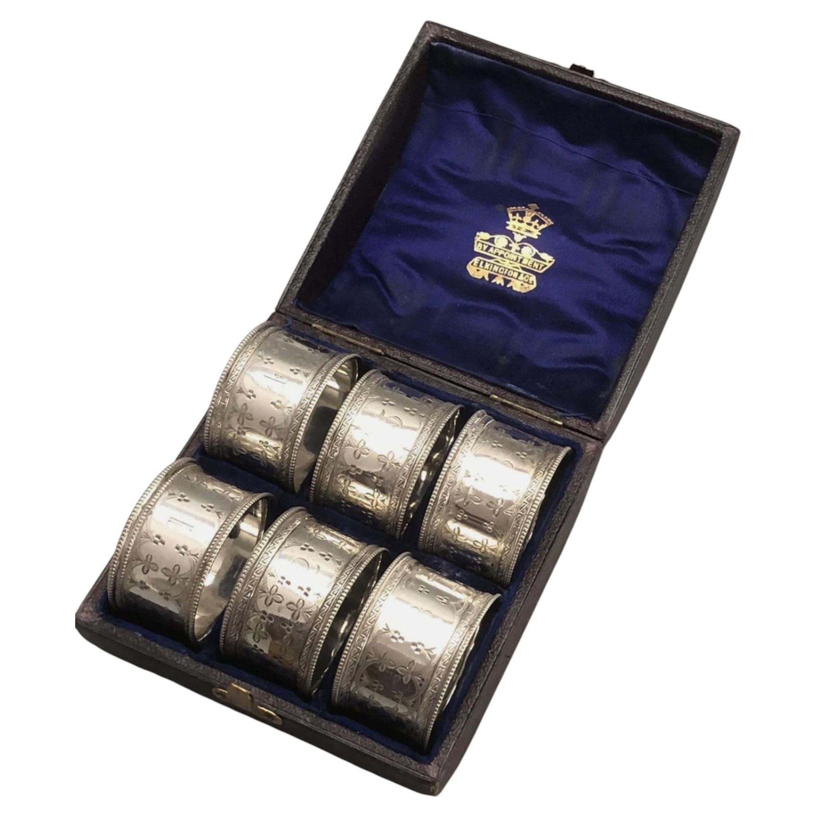 Antiek Engels zilveren servetringen set van 6, bijpassende etui, art deco