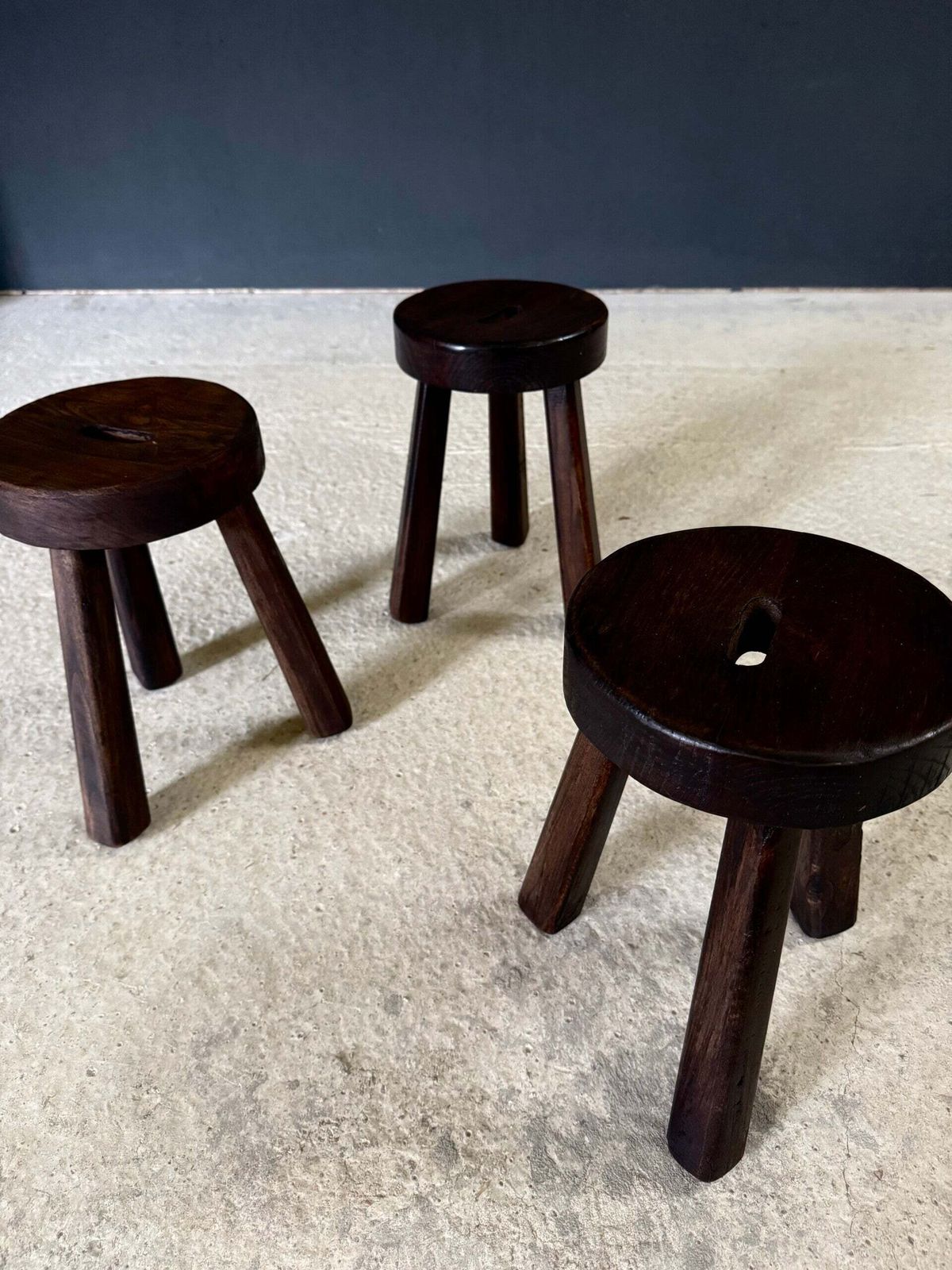 1950's Brutalist Design Handcrafted Tripod Stool Set photo Meubels