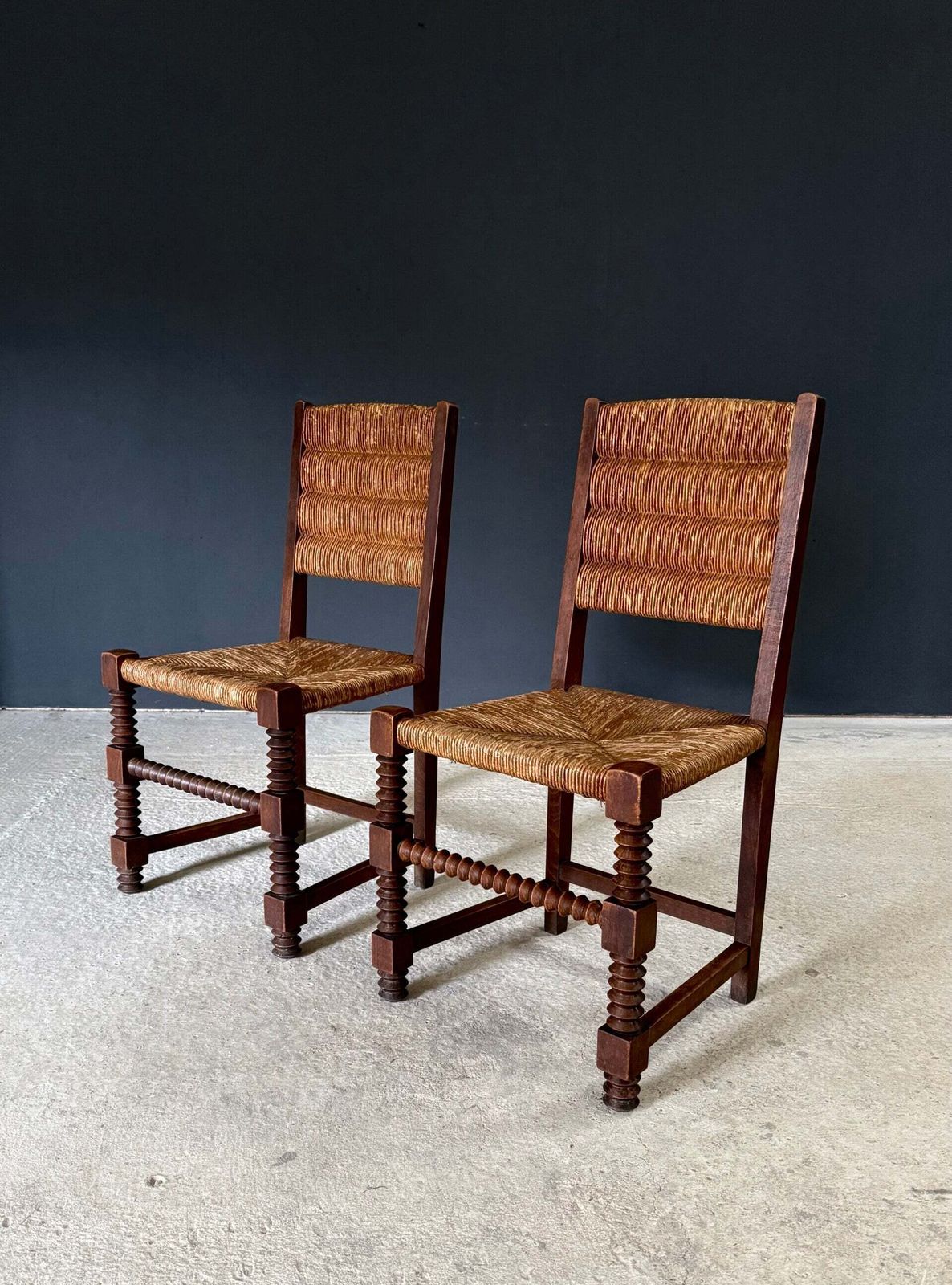 French Provincial Design Oak & Rush Dining Chairs By Charles Dudouyt, France 1940's photo furniture