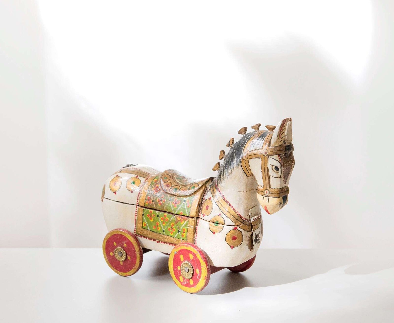 Antique Indian Wooden Horse Box   Hand Painted Rajasthani Folk Art   Horse On Wheels   Trinket Box photo furniture
