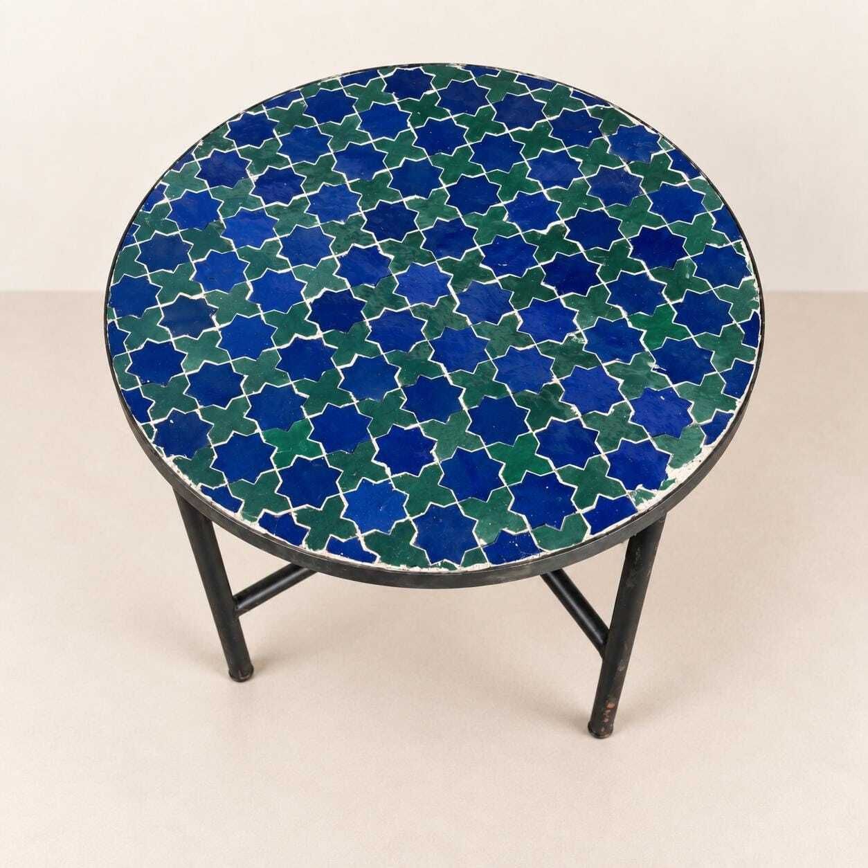 Table basse zellige marocaine, mosaïque bleue et verte, table d'appoint ronde en carreaux faits main, décor étoile mauresque, mobilier Boho, 60 cm