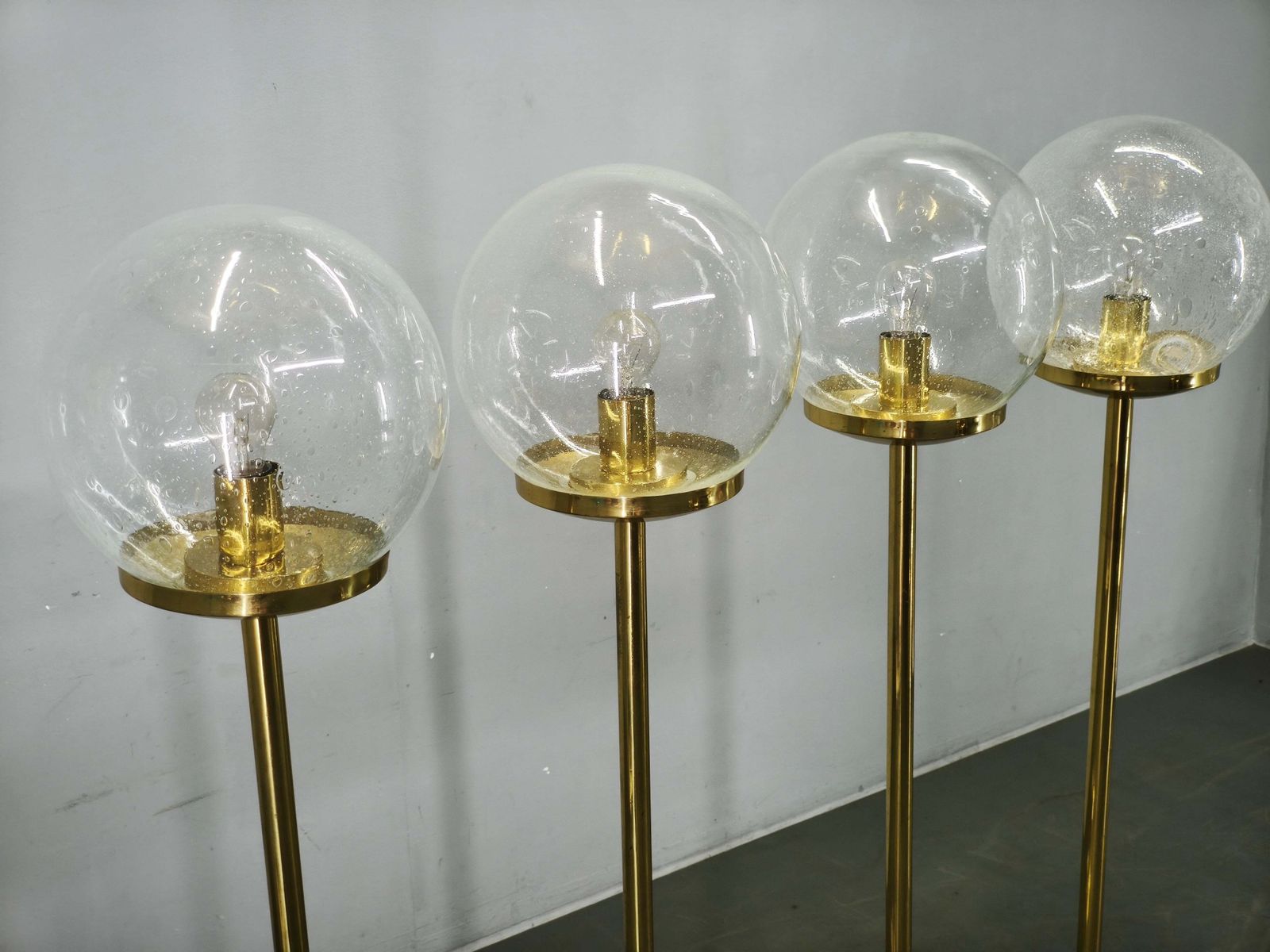 Lighting Set Of 4 Space Age Brass And Bubble Glass Floor Lamps, Kamenický šenov 1970s photo