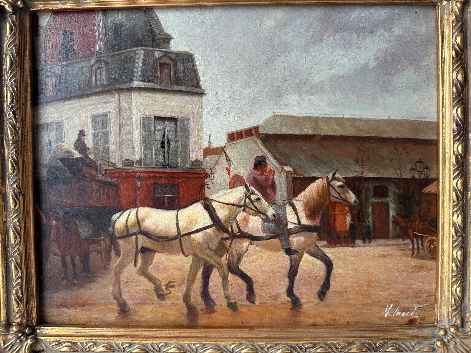 Tableau d'époque, huile sur panneau représentant des chevaux, inspiré de Grandjean « A Stagecoach Stop In Passy », scène de rue parisienne encadrée photo furniture