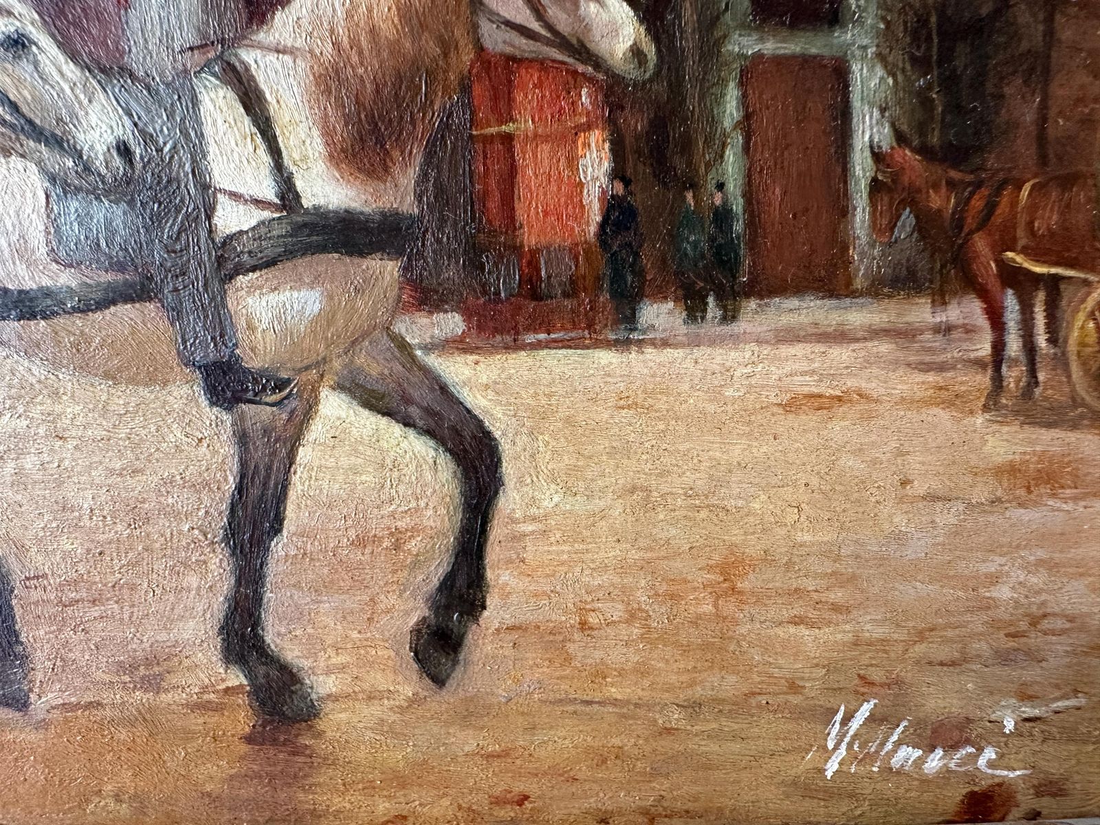 photo furniture Tableau d'époque, huile sur panneau représentant des chevaux, inspiré de Grandjean « A Stagecoach Stop In Passy », scène de rue parisienne encadrée