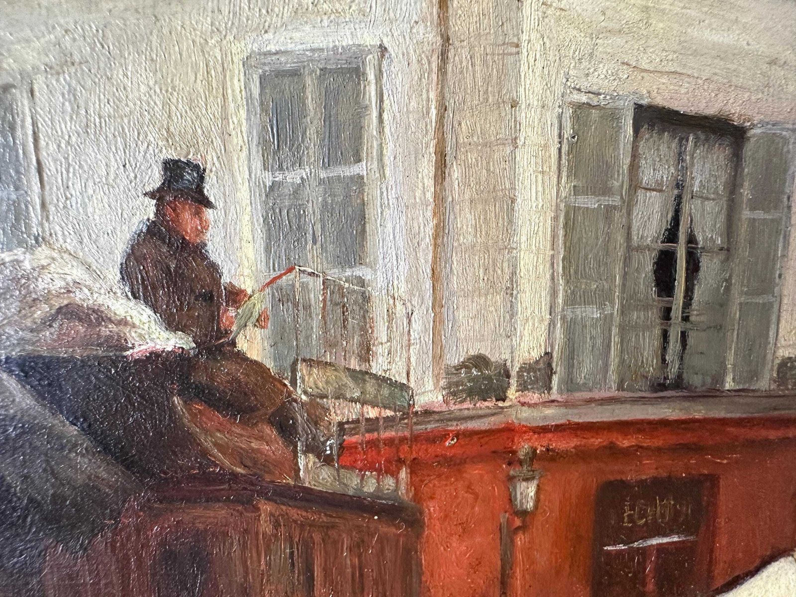 photo for sale Tableau d'époque, huile sur panneau représentant des chevaux, inspiré de Grandjean « A Stagecoach Stop In Passy », scène de rue parisienne encadrée