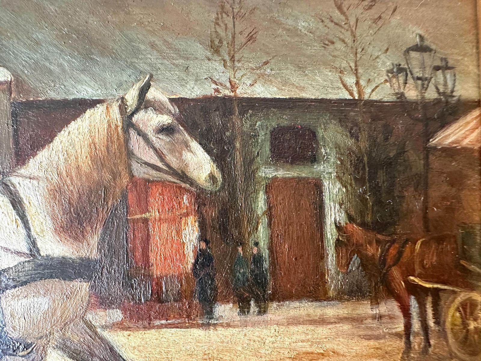 photo vinterior Tableau d'époque, huile sur panneau représentant des chevaux, inspiré de Grandjean « A Stagecoach Stop In Passy », scène de rue parisienne encadrée
