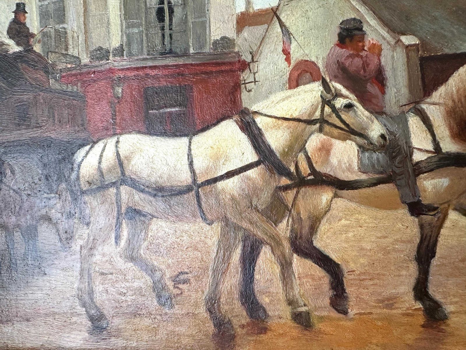 photo buy Tableau d'époque, huile sur panneau représentant des chevaux, inspiré de Grandjean « A Stagecoach Stop In Passy », scène de rue parisienne encadrée