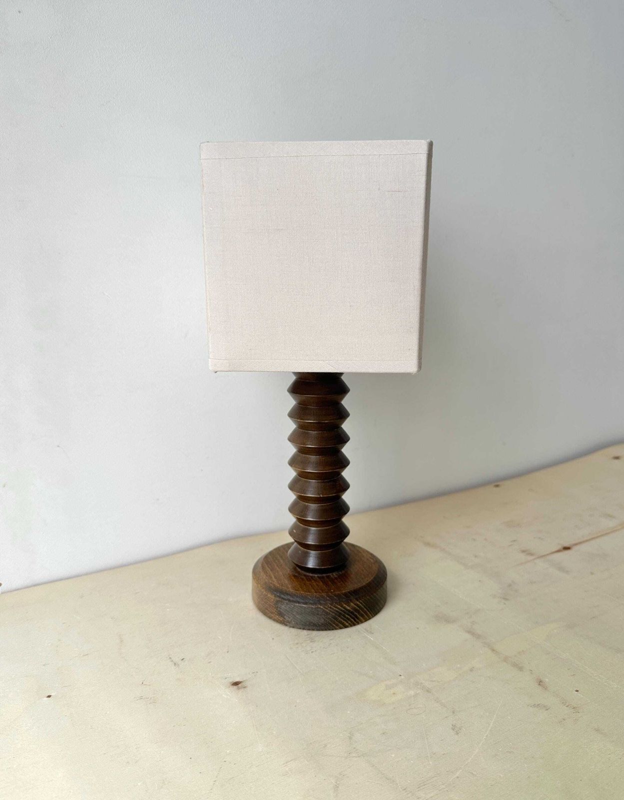 1950s French Turned Wood Table Lamp, Midcentury Rustic Lighting photo for sale