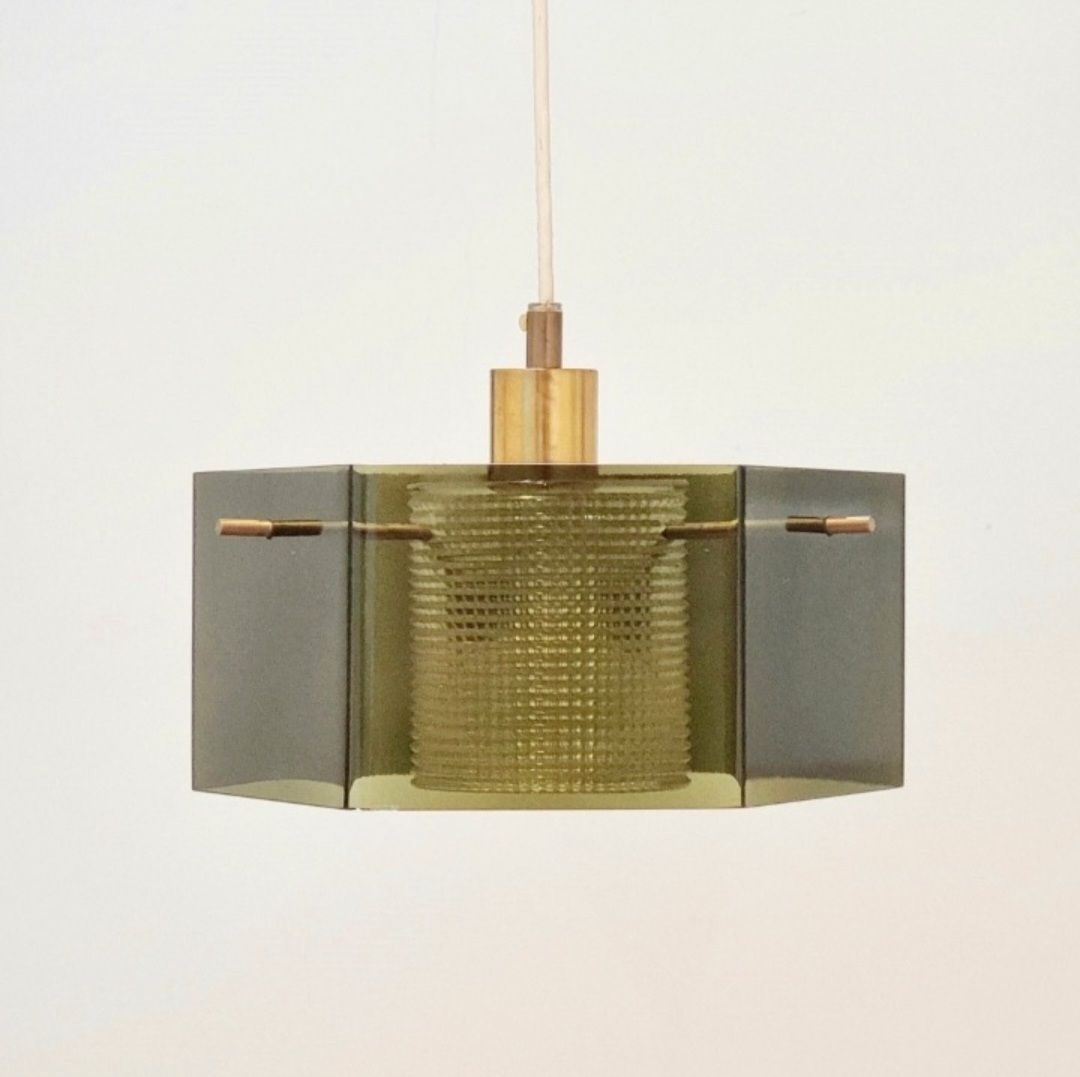 Mid Century Scandinavian Glass & Brass Pendant Light By Carl Fagerlund, Sweden, 1960s photo for sale