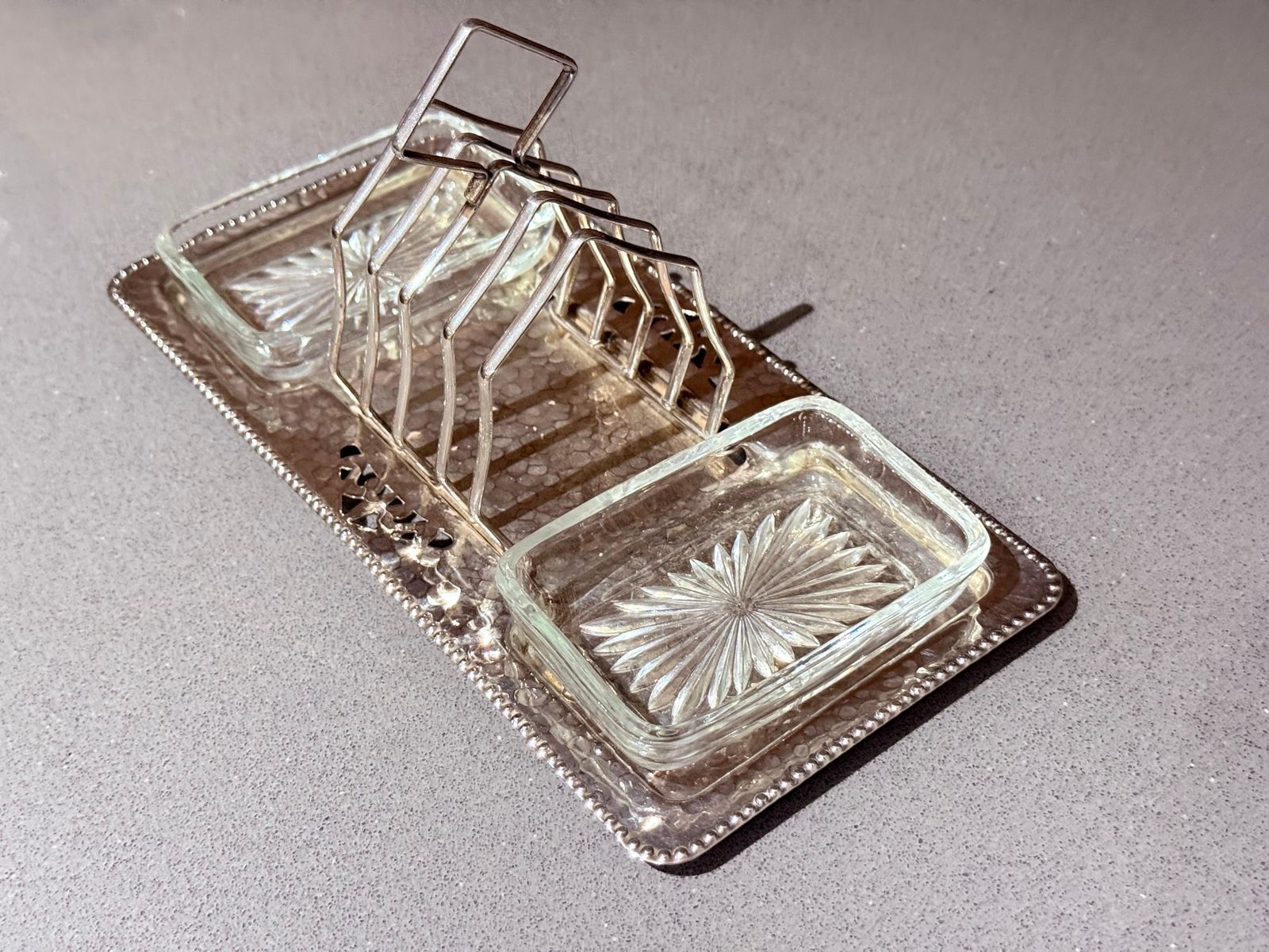 Art Deco Silver Plated Toast Rack, Matching Hammered Tray Crystal Butter Dishes photo for sale