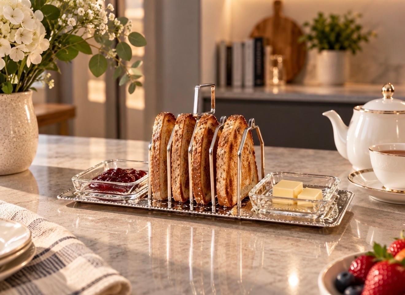 Porte-toast Art déco en métal argenté, plateau martelé assorti et coupes à beurre en cristal photo Décoration