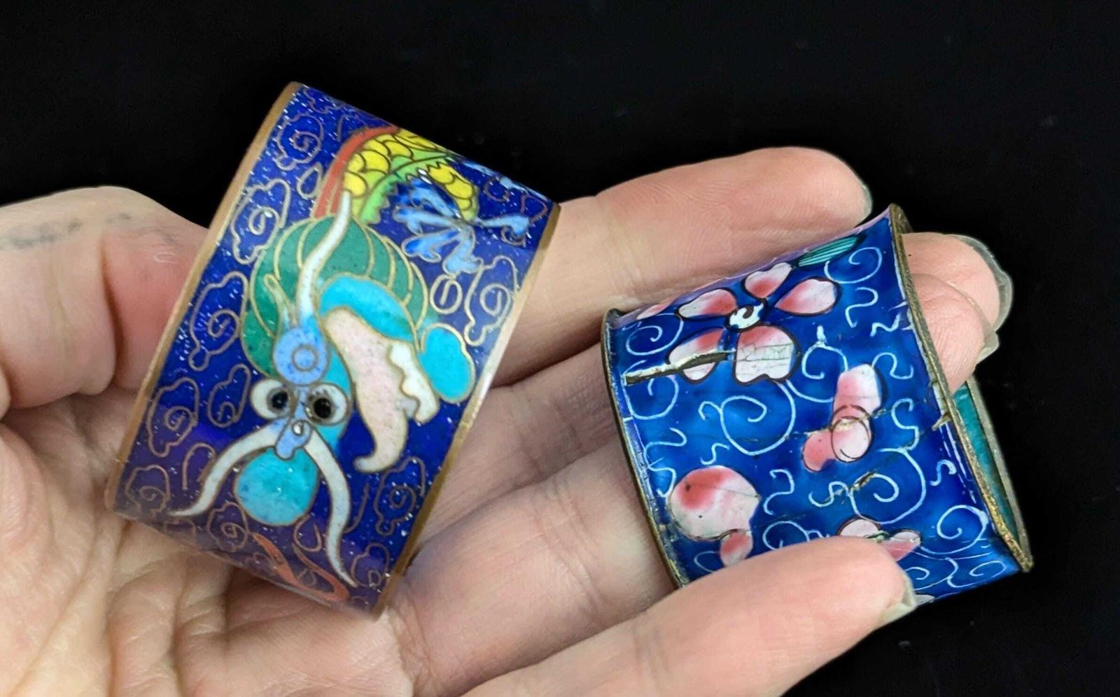 Antique Chinese Cloisonne Enamel Napkin Rings, Pair, Dragon And Flowers photo buy