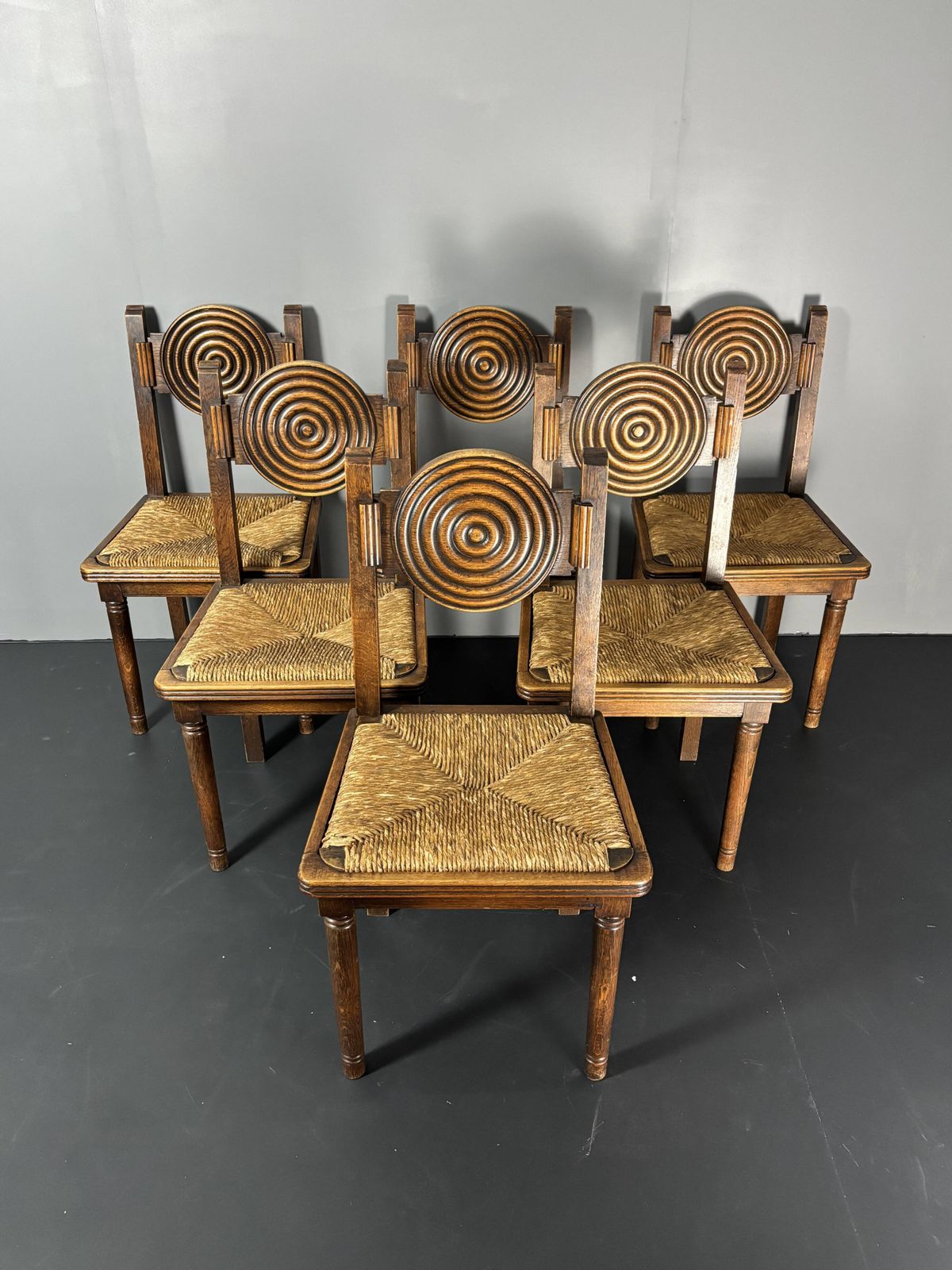 6 chaises à manger rustiques en bois, pieds tournés et assise en jonc photo buy
