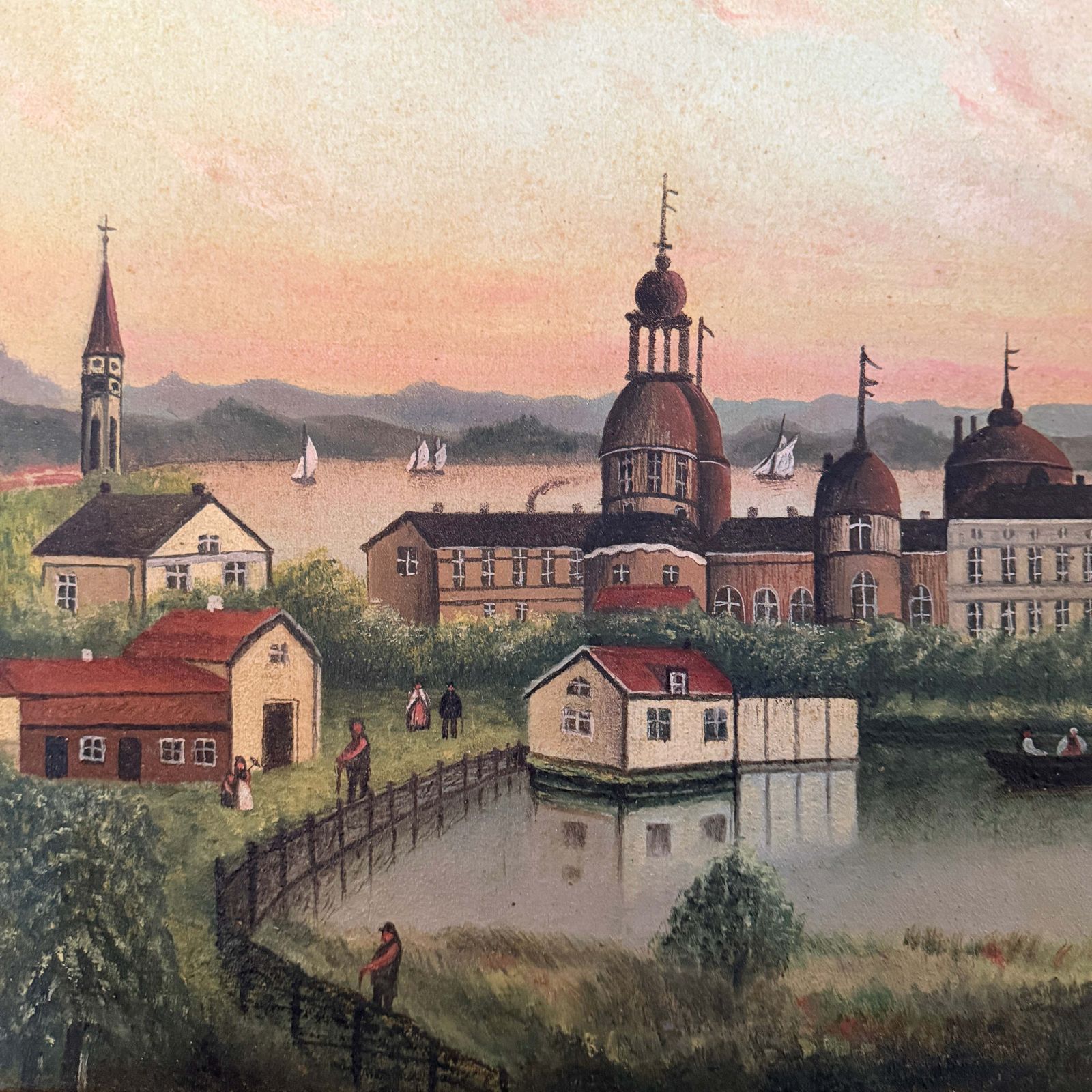 Antique Swedish Waterfront Castle. Oil On Canvas Painting Early 1800s. photo for sale