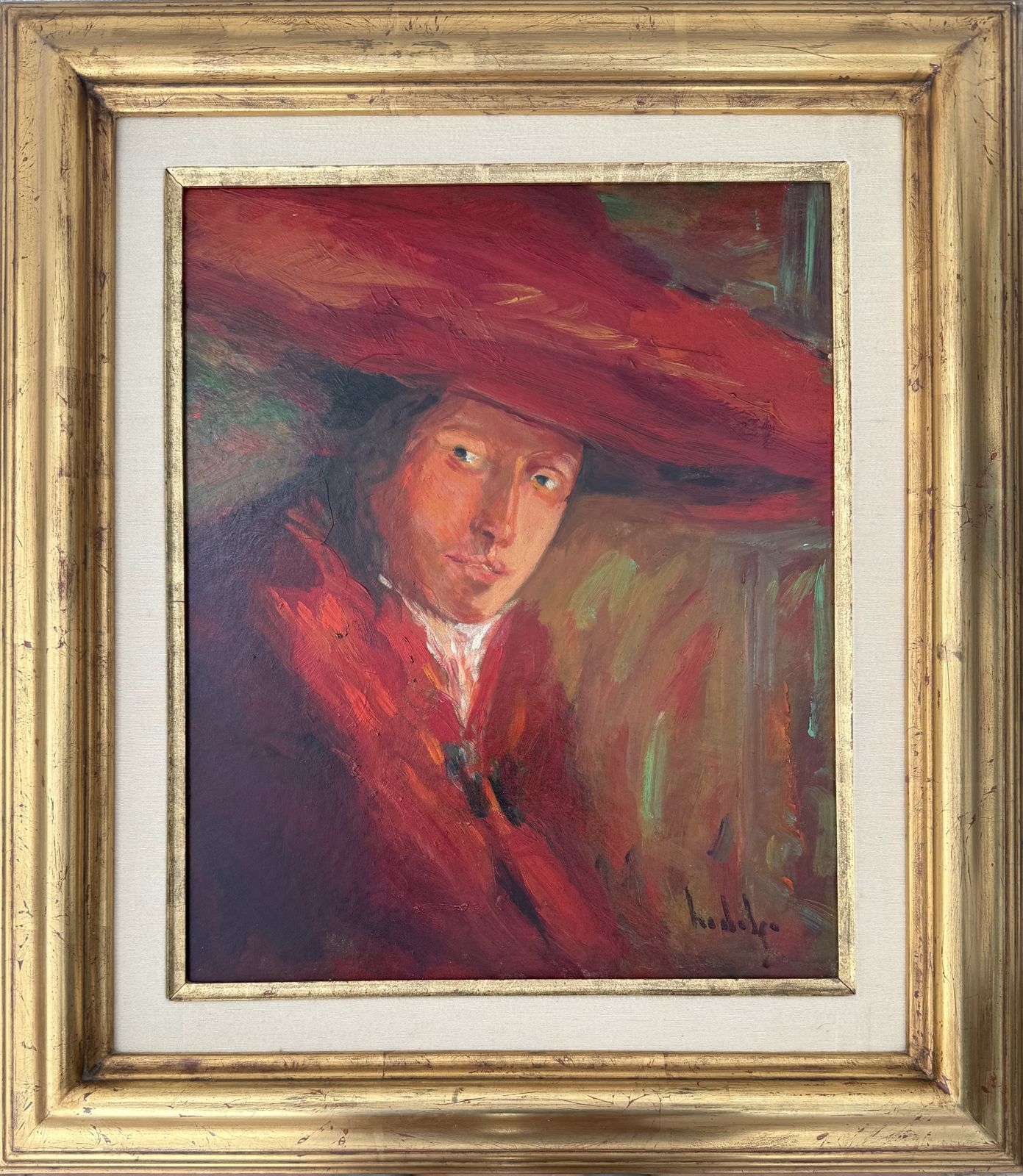 Joaquim Hidalgo Spaans expressionistisch vrouwenportret met rode hoed, olie op paneel, Europese kunst, jaren 1990