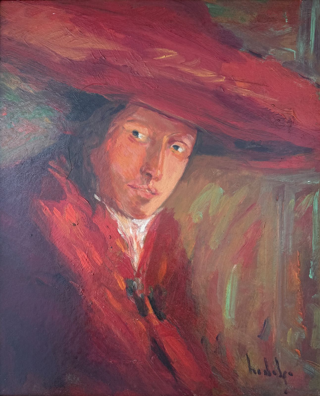 Joaquim Hidalgo Spaans expressionistisch vrouwenportret met rode hoed, olie op paneel, Europese kunst, jaren 1990 photo furniture