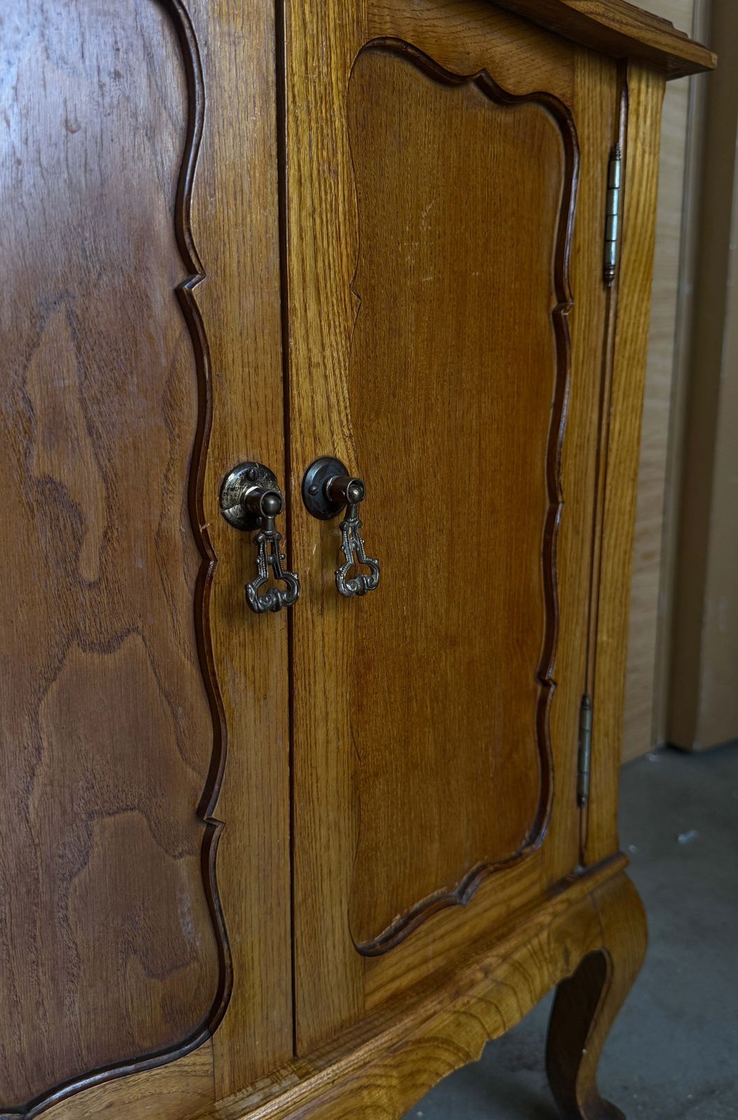 Early 20th English Oak Two Door Cabinet With Cabriole Legs & Decorative Paneling photo buy
