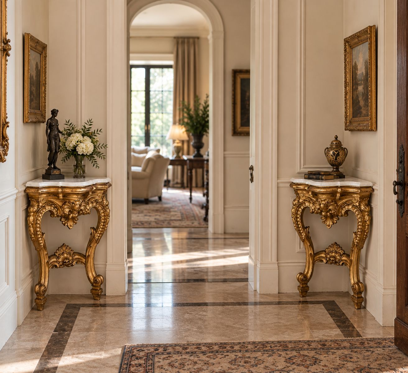 Paire de consoles d'angle d'époque de style Rococo en bois doré, plateau en marbre photo furniture