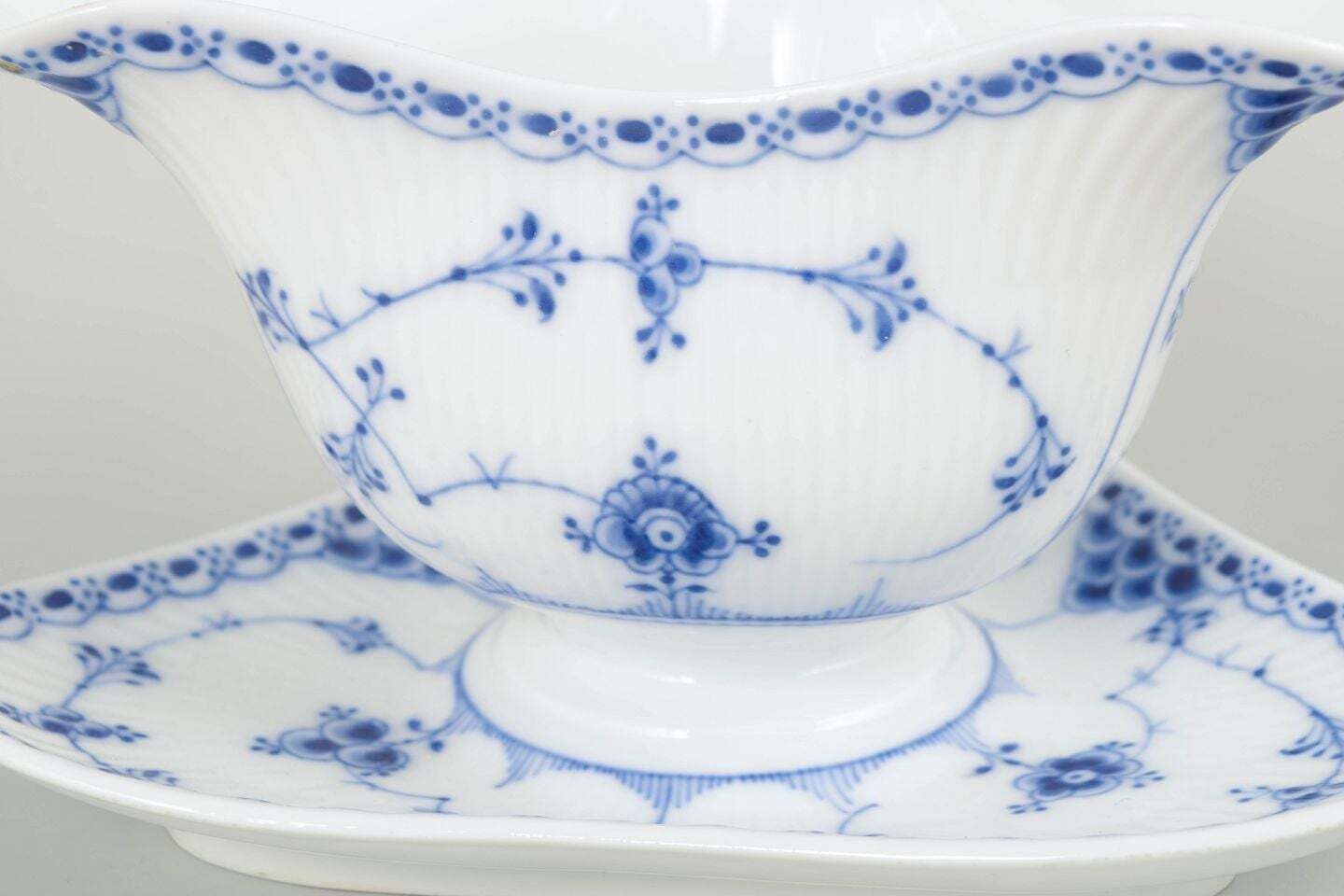 Royal Copenhagen, Blue Fluted Half Lace. Rare Tricorn Sauce Boat, 1920s photo for sale