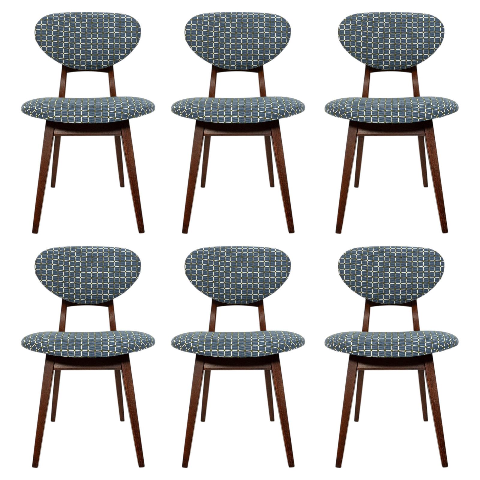 Set van zes mid-century stoelen, blauw jacquard, J. Kedziorek, jaren 1960