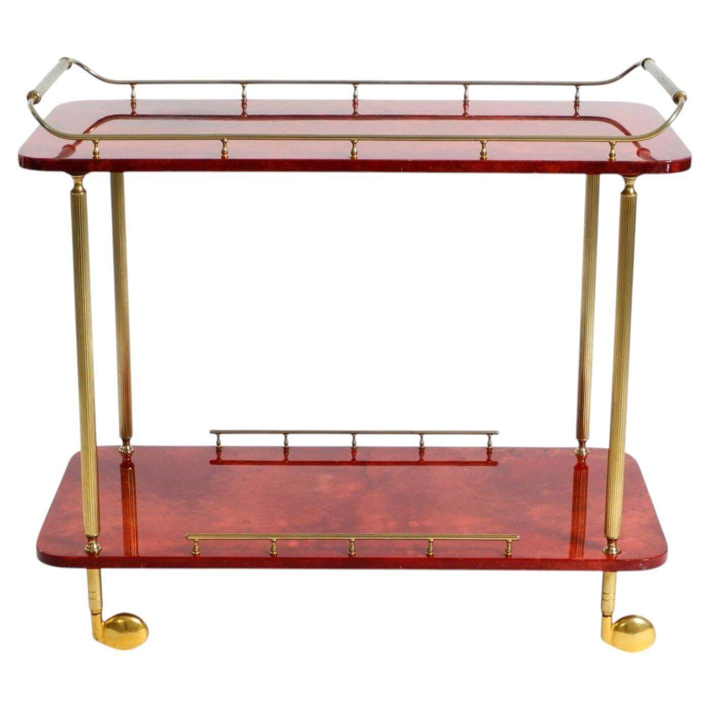 jaren 1960 Grote Aldo Tura Rode Geitenleren Serveerwagen, Barwagen Made In Italy