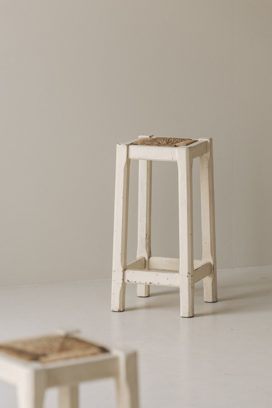 Off White Painted Oak Bar Stools With Woven Rush Seats, France 1950s photo Meubels