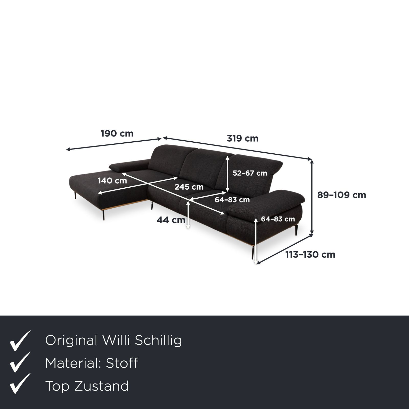 Willi Schillig Run Fabric Corner Sofa Anthracite Manual Function photo furniture