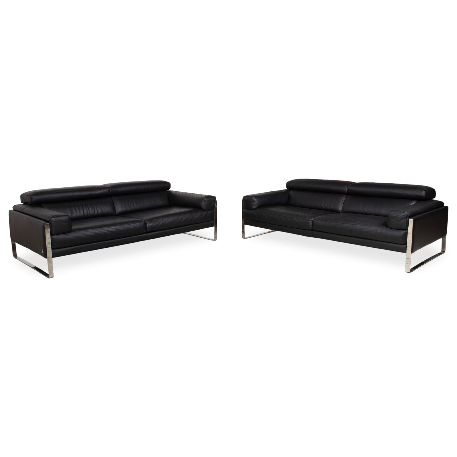 Ensemble Calia Romeo en cuir et chrome, 2 canapés 2 places noirs, fonction manuelle