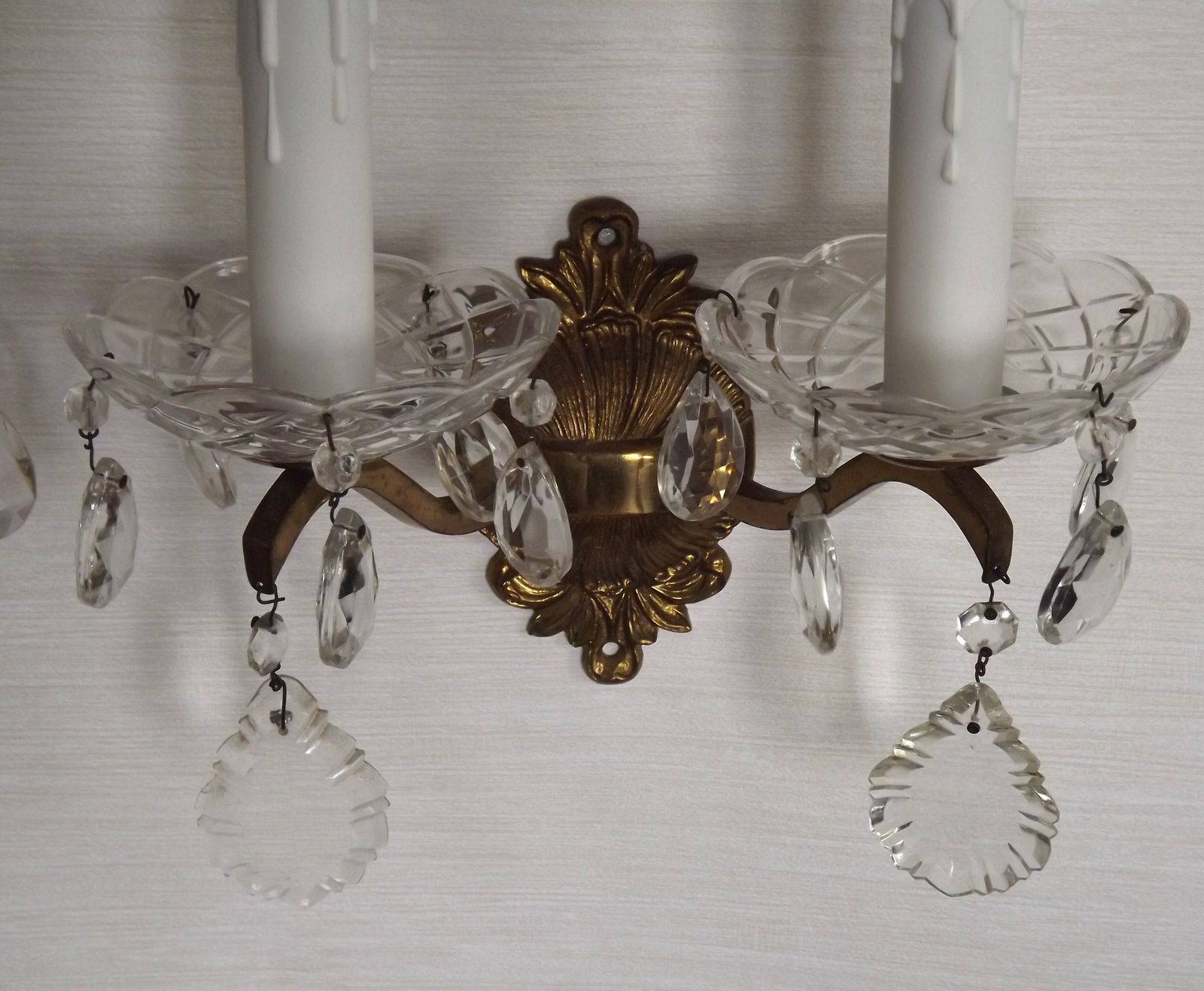 Pair French Vintage Brass Crystal Double Wall Lights With Cut Glass Bobeches photo vintage