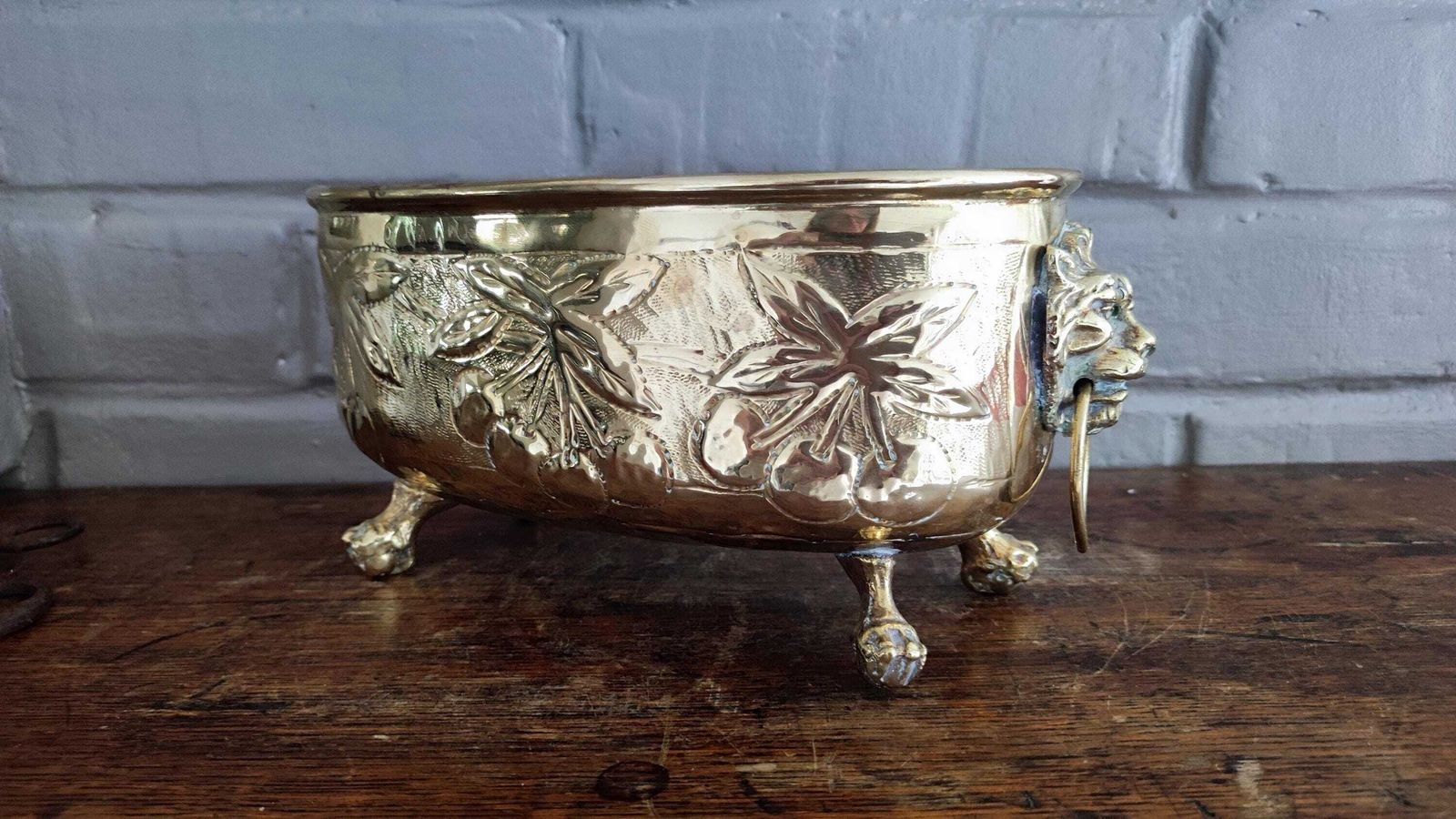 19th Century French Repoussé Brass Small Jardiniere With Paw Feet photo furniture