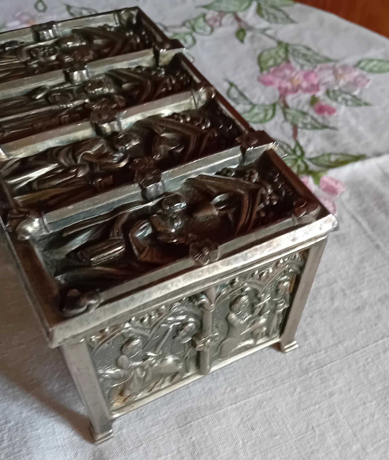 photo for sale Casket Medieval Style: Vintage Silver Plated Bronze Box With Red Velvet Interior