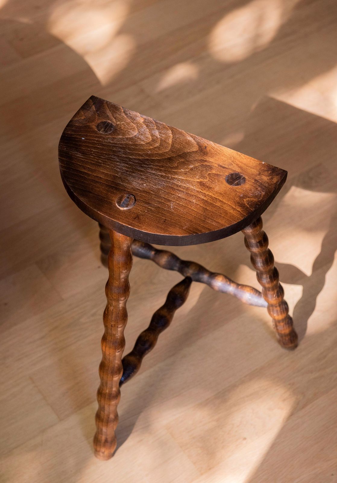 Vintage Wooden Milking Stool With Turned Bobbin Legs  French Rustic Farmhouse Plant Stand photo furniture