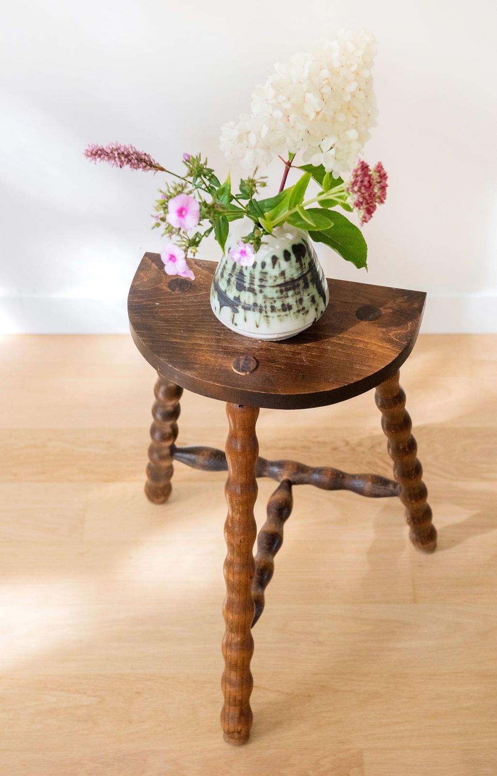 Vintage Wooden Milking Stool With Turned Bobbin Legs  French Rustic Farmhouse Plant Stand photo Home Decor