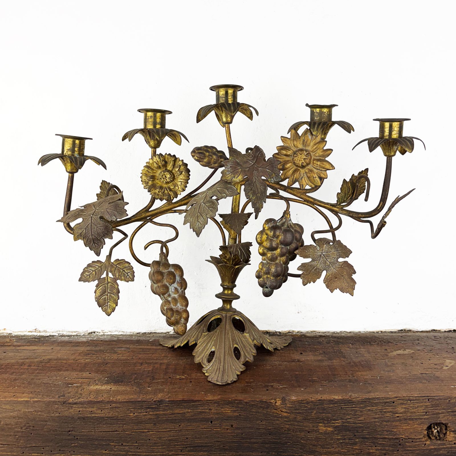 Antique French Candelabra, Church Candle Holder With Flowers And Grapes