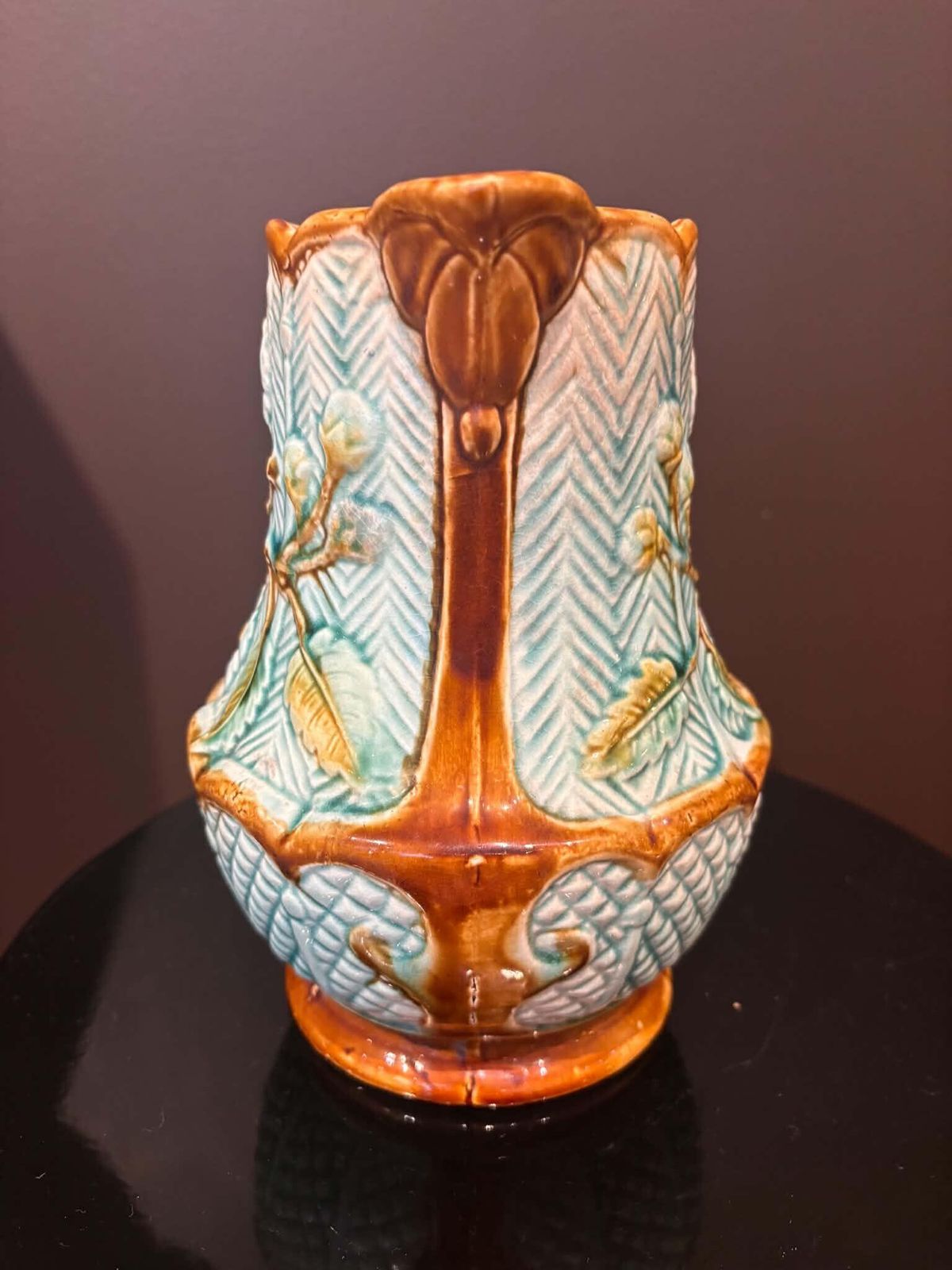 Antique Onnaing Majolica Pitcher Floral Decor French Barbotine Jug Early 20th Century Art Nouveau Ceramic photo for sale