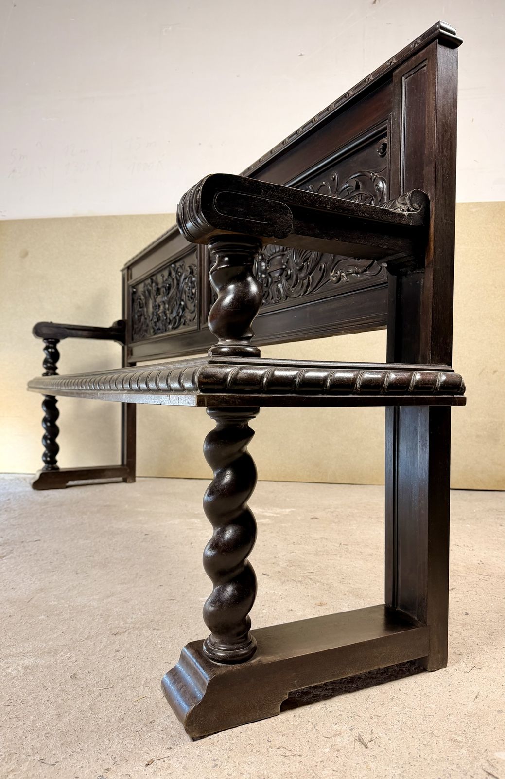 photo buy Spanish Carved Wood Bench With Barley Twist Legs, 20th Century