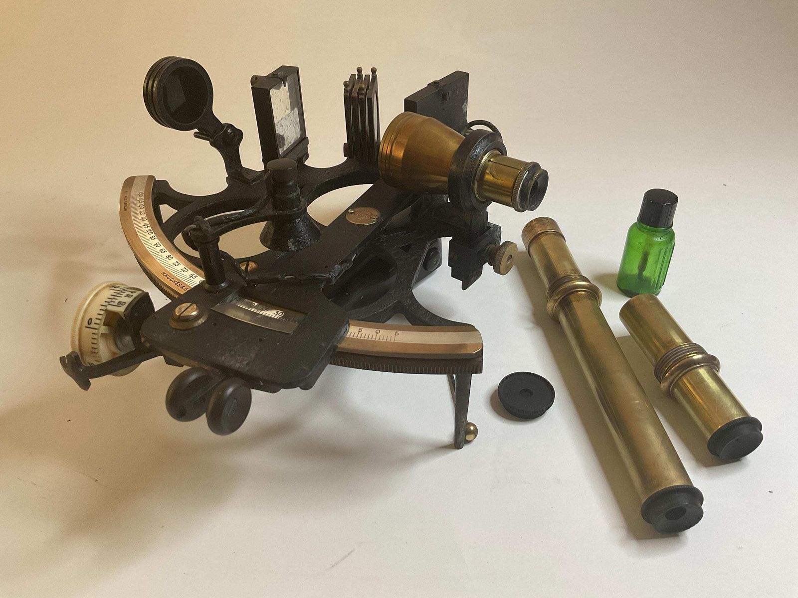 photo furniture Wwii 1941 Husun Sextant By H Hughes & Son London, Original Case, Certificate, Vintage Nautical Instrument