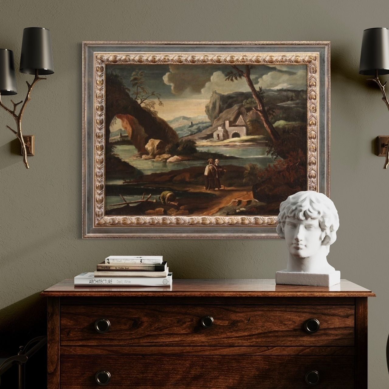 photo vinterior Antique Painting Landscape With Characters From 18th Century