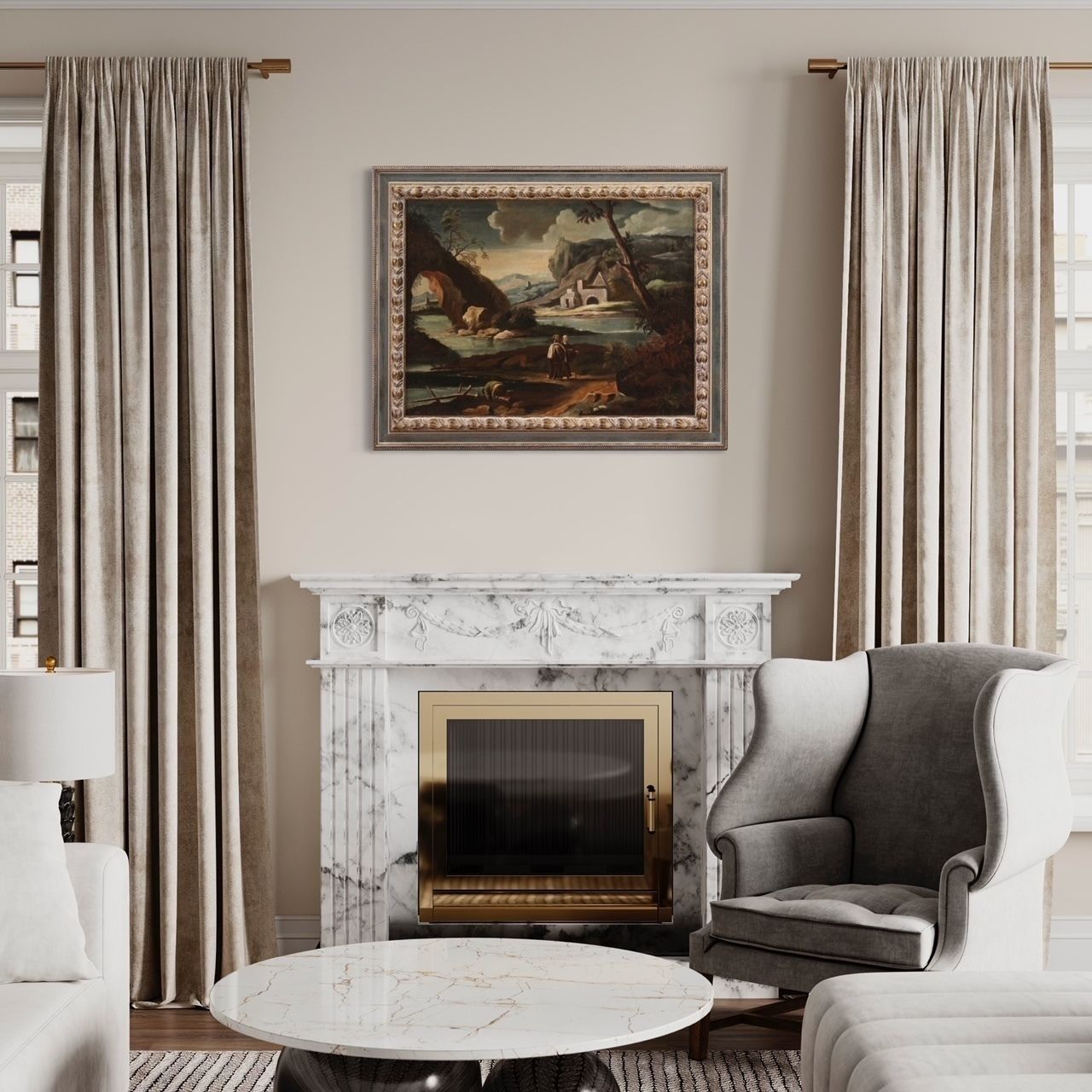 photo vintage Tableau d'époque, paysage animé de personnages, XVIIIe siècle