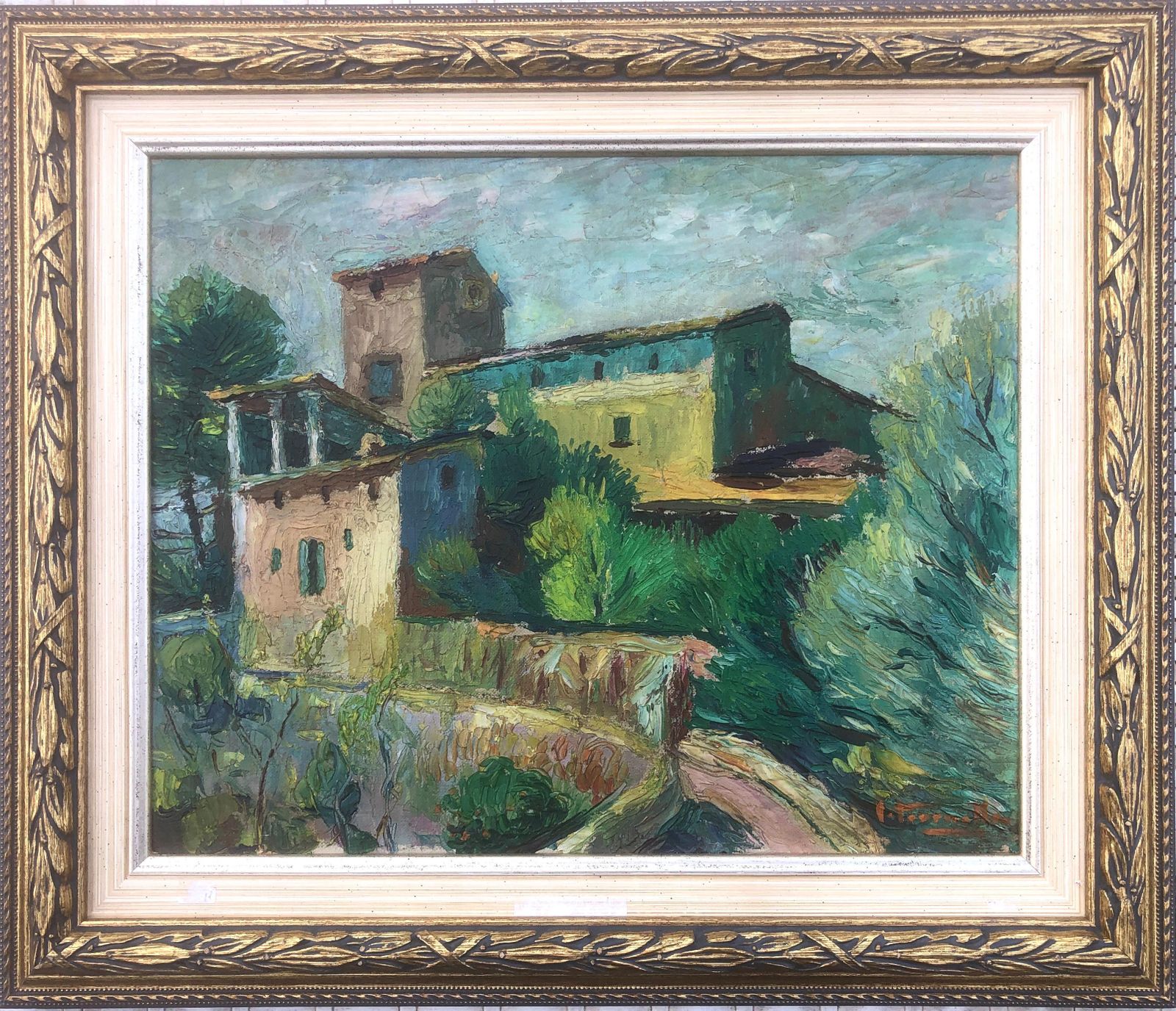Paysage impressionniste espagnol Joaquín Terruella Matilla, mas catalan et jardin méditerranéen, vers 1920 photo furniture
