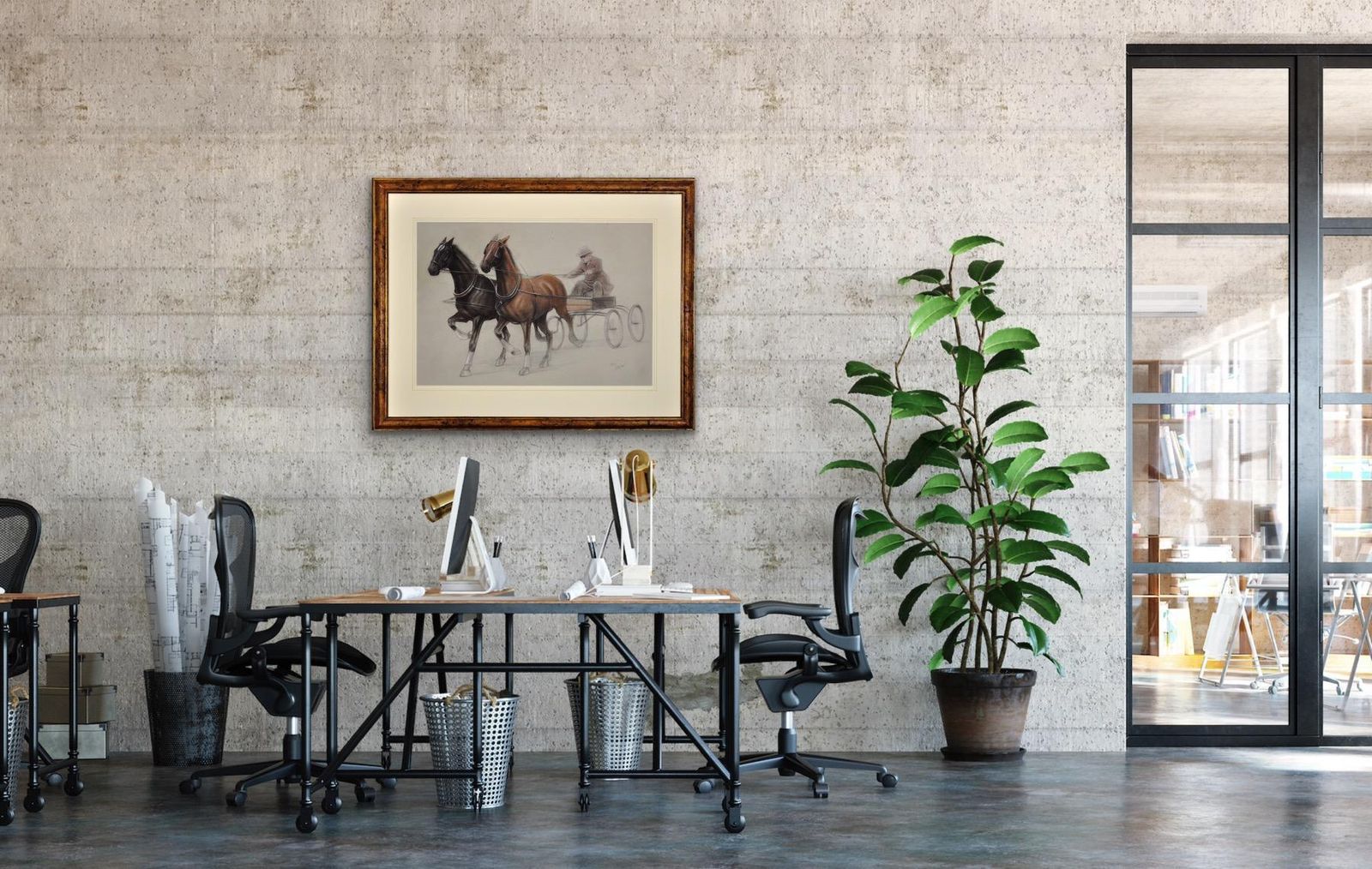 photo furniture Cecil Charles Windsor Aldin, 1870-1935. Anglais. Chevaux au trot attelés à un léger char à quatre roues. Dessin à la craie, encadré en noyer.