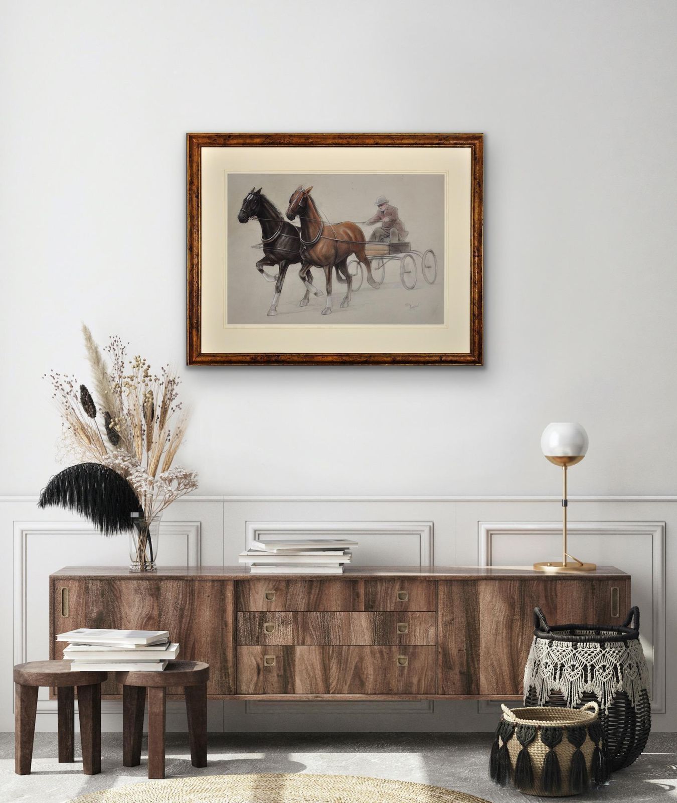 17595.0 Cecil Charles Windsor Aldin, 1870-1935. Anglais. Chevaux au trot attelés à un léger char à quatre roues. Dessin à la craie, encadré en noyer. photo